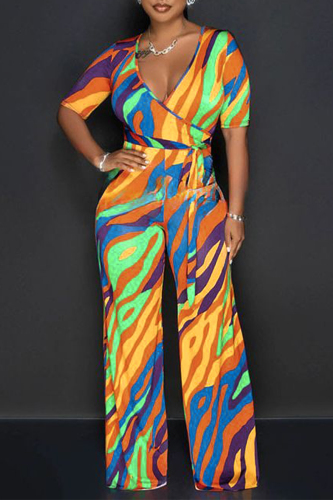 Multicolor Casual Print Patchwork V Neck Regular Jumpsuits(Without Belt)