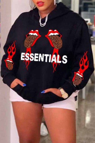 Black Casual Print Letter Hooded Collar Tops