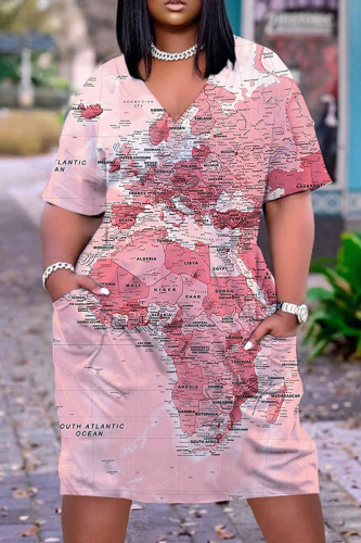 Light Pink Casual Print Basic V Neck Short Sleeve Dress