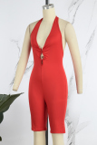 Red Sexy Solid Backless Halter Skinny Romper