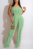 Light Green Sleeveless Off Shoulder Ruffled Trim Crop Top and Pants Casual Vacation Two Piece Pants Set