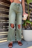 Green Casual Solid Ripped Patchwork High Waist Regular Denim Jeans