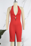 Red Sexy Solid Backless Halter Skinny Romper