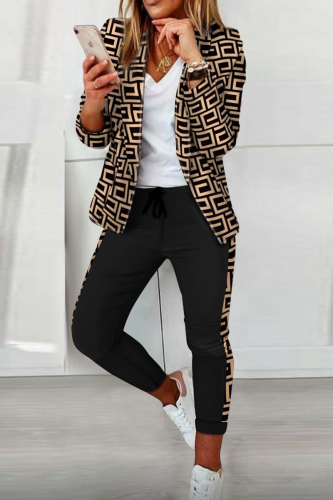 Black Gold Casual Print Patchwork Turn-back Collar Long Sleeve Two Pieces