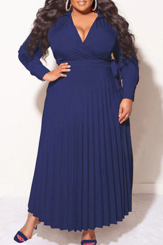 Royal Blue Casual Solid Frenulum V Neck Pleated Plus Size Dresses