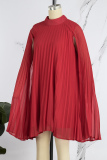 Red Casual Solid Pleated Half A Turtleneck A Line Dresses