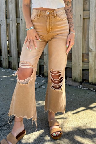 Brown Casual Solid Ripped Patchwork High Waist Regular Denim Jeans