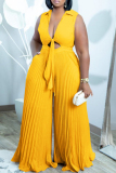 Yellow Casual Solid Hollowed Out Frenulum Pleated V Neck Regular Jumpsuits