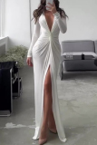 White Elegant Solid Fold V Neck Pleated Dresses