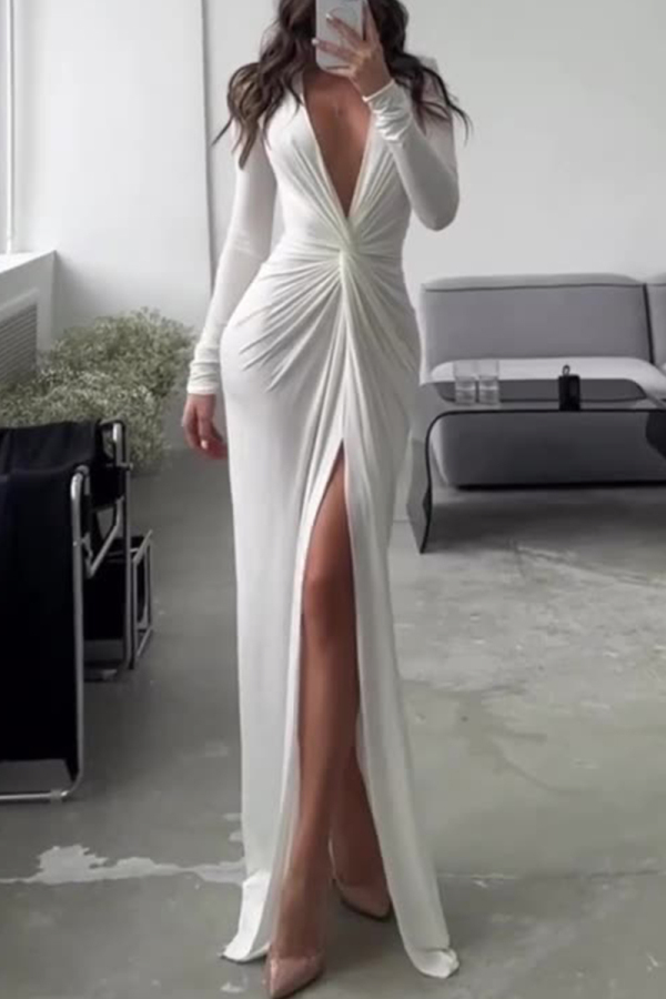 White Elegant Solid Fold V Neck Pleated Dresses
