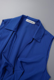 Blue Casual Solid Hollowed Out Frenulum Pleated V Neck Regular Jumpsuits