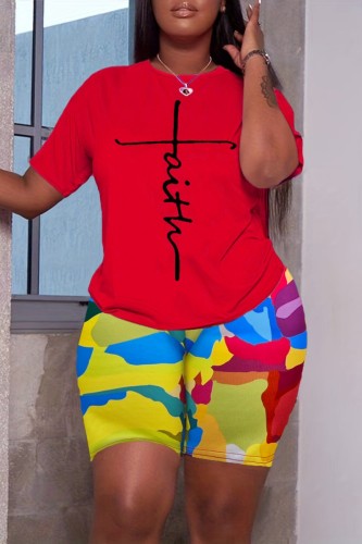 Red Casual Print Basic O Neck Short Sleeve Two Pieces