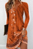 Orange Casual Print Patchwork V Neck Long Sleeve Dresses