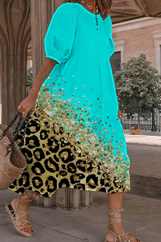 Cyan Casual Print Patchwork O Neck A Line Short Sleeve Dress