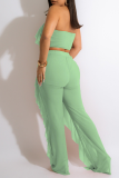 Light Green Sleeveless Off Shoulder Ruffled Trim Crop Top and Pants Casual Vacation Two Piece Pants Set