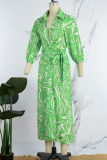 Green Casual Print Frenulum Slit Turndown Collar Long Sleeve Dresses