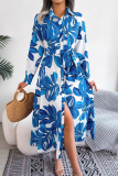 Blue Elegant Floral Patchwork Turndown Collar A Line Dresses