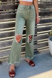 Green Casual Solid Ripped Patchwork High Waist Regular Denim Jeans