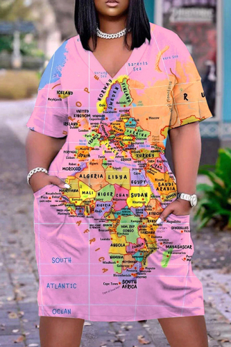 Pink Casual Print Basic V Neck Short Sleeve Dress