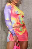 Colour Street Print Patchwork O Neck Long Sleeve Two Pieces