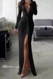 Black Elegant Solid Fold V Neck Pleated Dresses