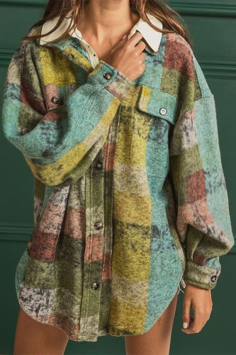 Green Sexy Color Block Contrast Turndown Collar Tops
