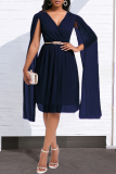 Champagne Casual Solid Patchwork With Belt V Neck Long Sleeve Dresses