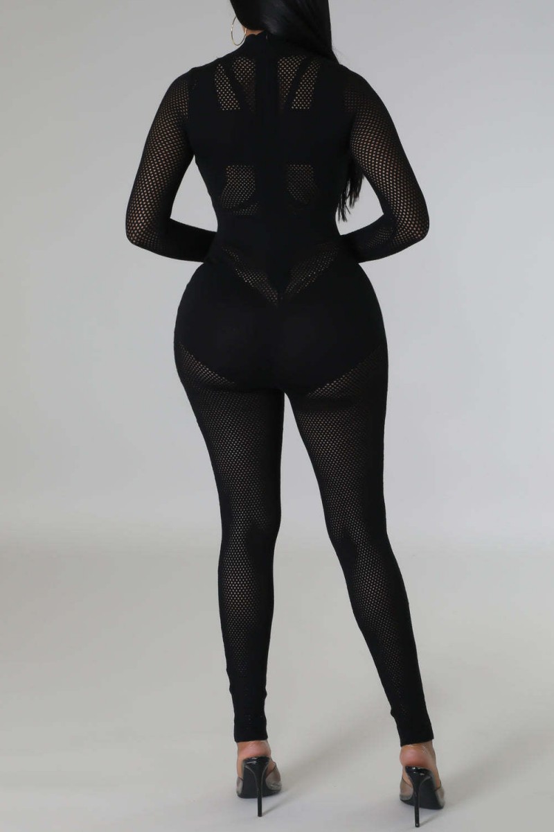 Half see through mesh patchwork black jumpsuit