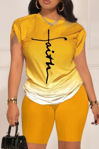 Yellow Casual Gradual Change Print Basic O Neck Short Sleeve Two Pieces