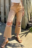 Brown Casual Solid Ripped Patchwork High Waist Regular Denim Jeans