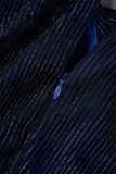 Dark Blue Casual Solid Patchwork With Belt V Neck Long Sleeve Dresses