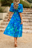 Blue Elegant Print Patchwork V Neck A Line Dresses