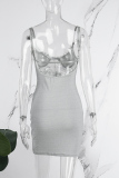 Silver Sexy Patchwork See-through Backless Spaghetti Strap Wrapped Skirt Dresses