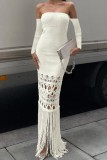 Cream White Sexy Casual Solid Tassel Hollowed Out Backless Off the Shoulder Long Dress Dresses
