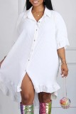 White Casual Solid Patchwork Asymmetrical Turndown Collar Shirt Dress Short Sleeve Dress