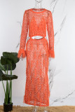Orange Sexy Solid Hollowed Out See-through O Neck Beach Dress Dresses