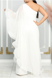 White Solid Color Sloping Shoulder Long Ruffle Sleeve Formal Party Vacation Wide Leg Jumpsuit