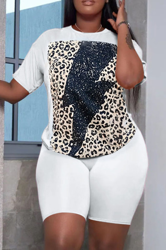 White Casual Print Basic O Neck Short Sleeve Two Pieces