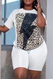Leopard Print Casual Print Basic O Neck Short Sleeve Two Pieces