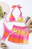 Pink Sexy Gradual Change Print Bandage Patchwork Backless Swimsuit Three Piece Set (With Paddings)