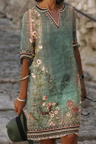 Green Casual Print Patchwork V Neck A Line Dresses