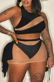 Black Sexy Solid Patchwork See-through O Neck Plus Size Swimsuit Three Piece Set (Without Paddings)