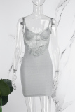 Silver Sexy Patchwork See-through Backless Spaghetti Strap Wrapped Skirt Dresses