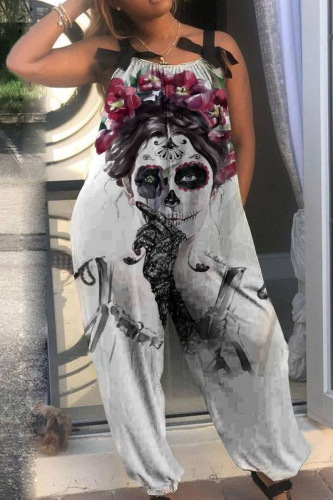 Grey Halloween Costumes Skull Flower Print Sleeveless Tie Shoulder Cami Wide Leg Jumpsuit