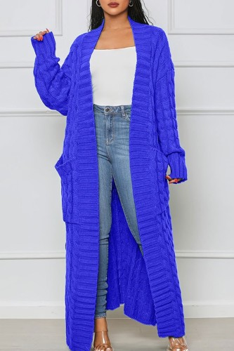 Blue Casual Street Solid Slit Cardigan Weave Outerwear