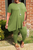 Grey Casual Solid Basic O Neck Plus Size Two Pieces