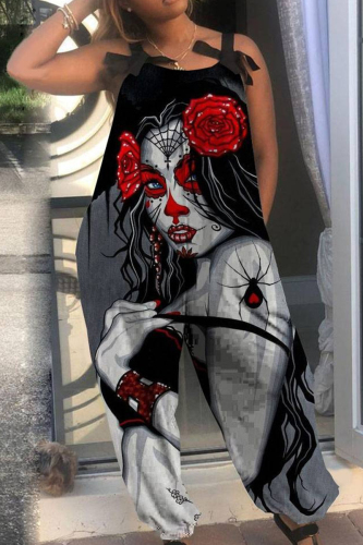 Black Gray Halloween Costumes Skull Flower Print Sleeveless Tie Shoulder Cami Wide Leg Jumpsuit