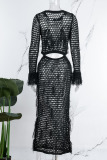 Black Sexy Solid Hollowed Out See-through O Neck Beach Dress Dresses