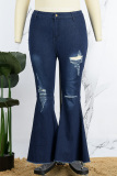 Black Casual Daily Solid Ripped Patchwork Plus Size Jeans