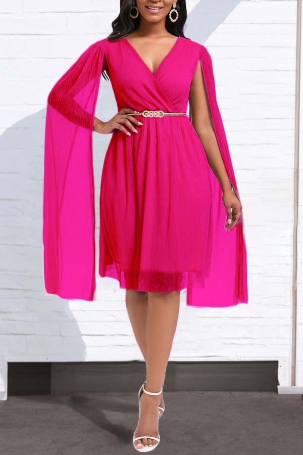 Rose Pink Casual Solid Patchwork With Belt V Neck Long Sleeve Dresses